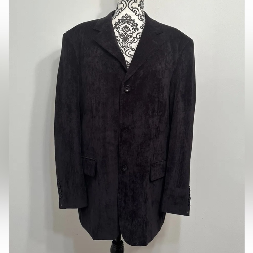 maestro black faux suede lined pockets stretch blazer jacket size 40R.